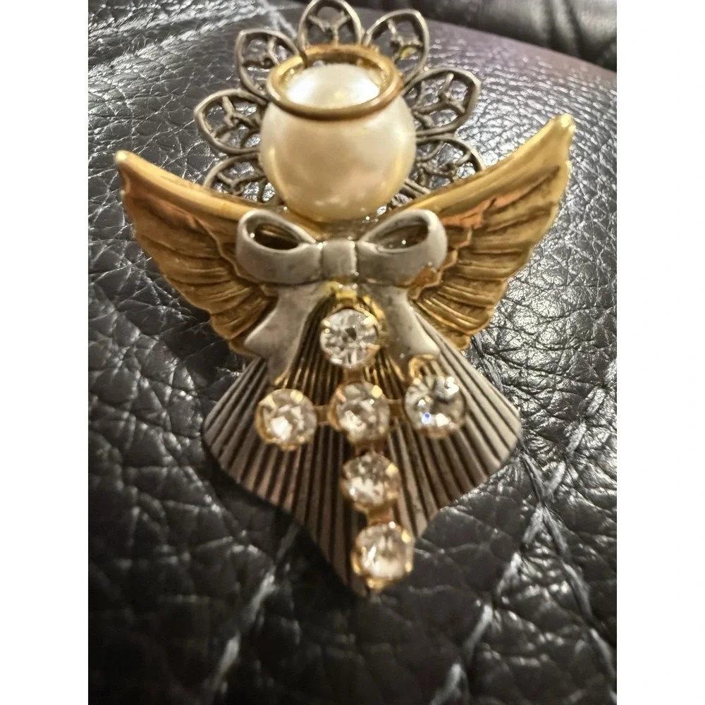 Vintage Brooch Pin Angel Gold Silver Tone with Cross Ten Thousand Angels